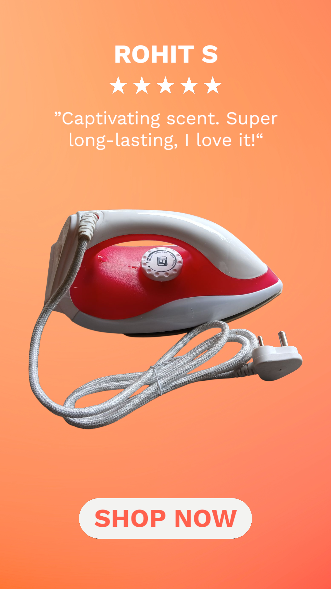 Red and white appliance with power cord on an orange background, featuring a customer review and 'Shop Now' button.