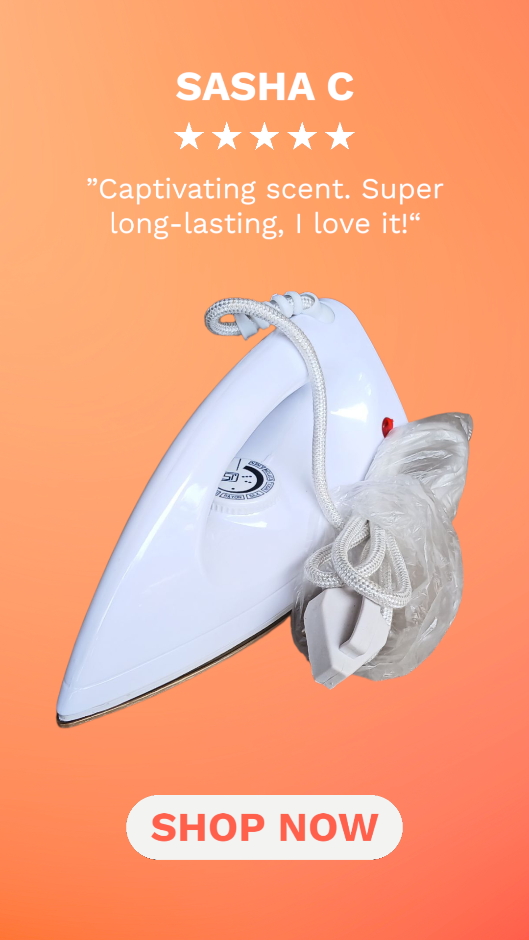 White iron with a gray garment on an orange background with product review text and 'Shop Now' button.