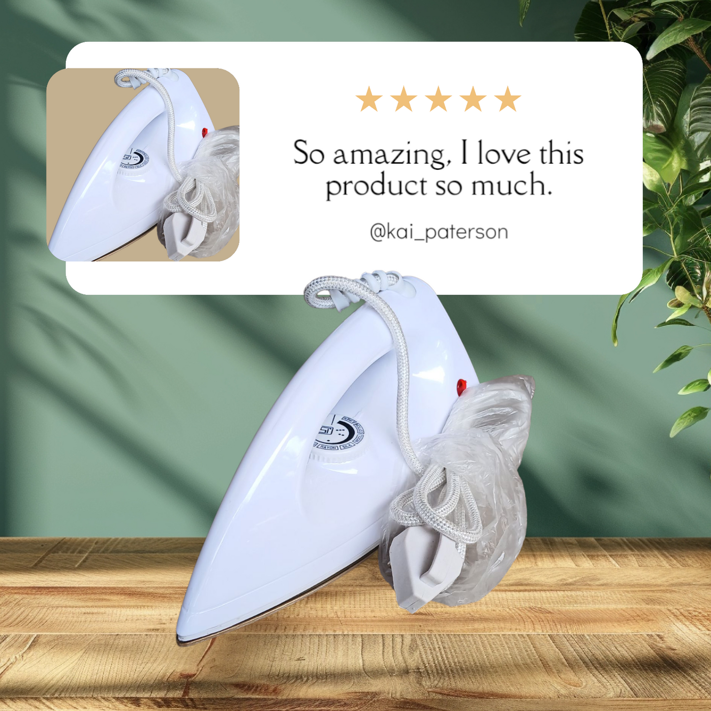 White shoe shine tool on a wooden surface with a five-star rating and review text overlay.