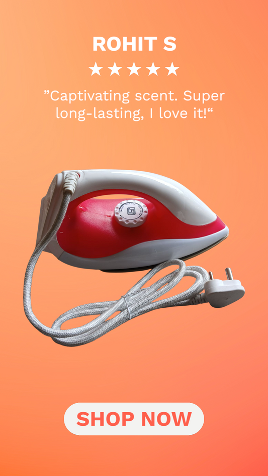 Red and white appliance with power cord on an orange background, featuring a customer review and 'Shop Now' button.