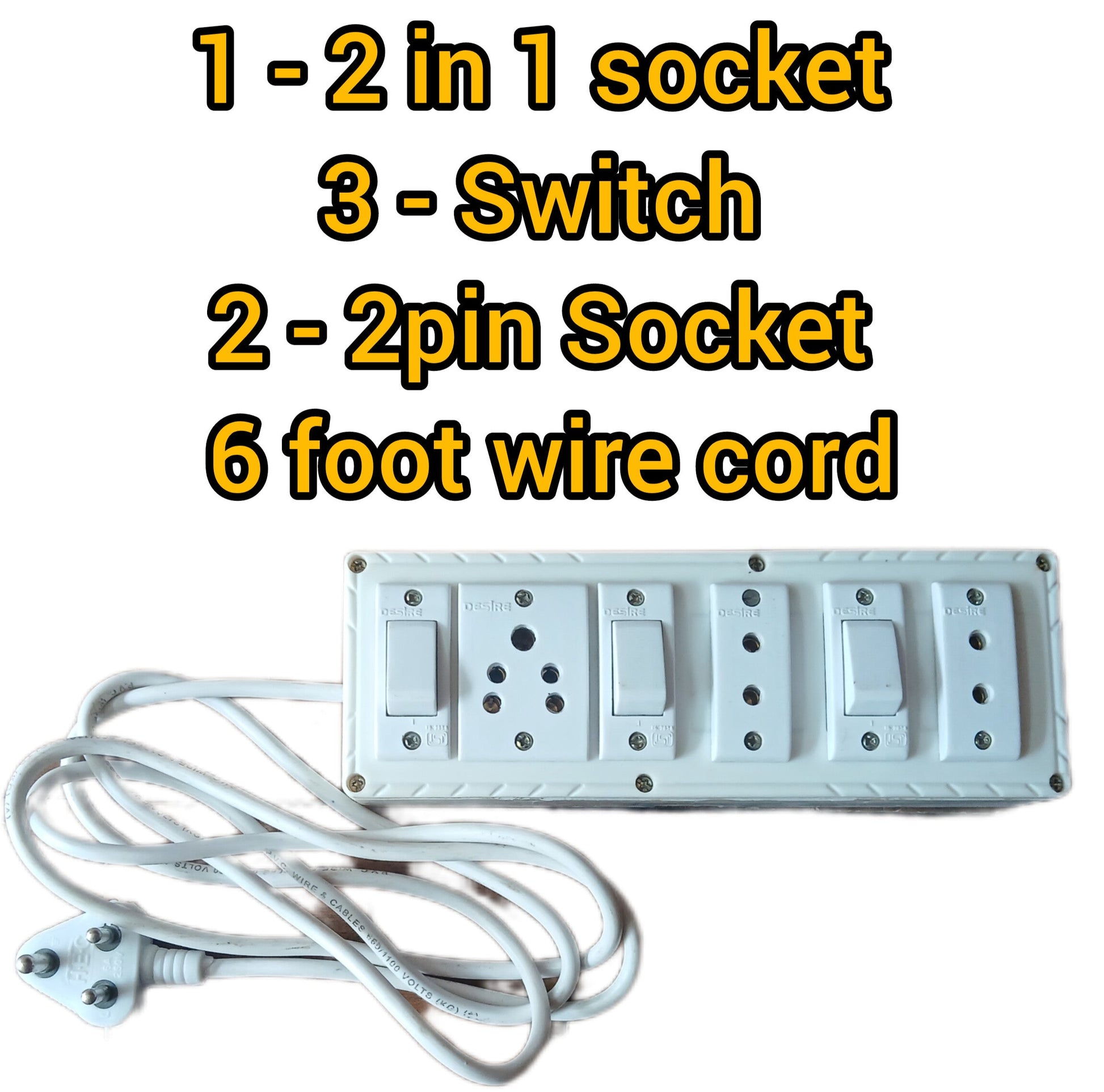 White electrical socket with multiple sockets and a cable on a white background