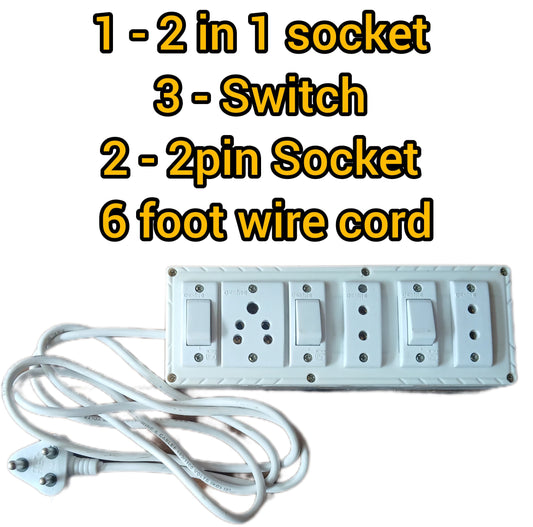 White electrical socket with multiple sockets and a cable on a white background